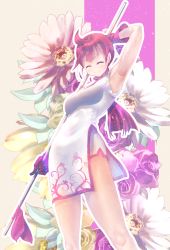 Rule 34 | 1girl, ahoge, arm up, armpits, blush, breasts, china dress, chinese clothes, closed mouth, commentary request, dress, closed eyes, floral background, gloves, highres, holding, holding staff, holding weapon, kemurikusa, long hair, low ponytail, medium breasts, outline, pink gloves, red hair, ryou (kemurikusa), sleeveless, sleeveless dress, solo, staff, standing, usapenpen2019, v-shaped eyebrows, weapon, white dress, white outline
