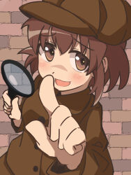 Rule 34 | 1girl, :3, :d, brick wall, brown coat, brown eyes, brown hat, coat, commentary request, deerstalker, detective, foreshortening, furrowed brow, hair between eyes, hat, highres, holding, holding magnifying glass, idolmaster, idolmaster cinderella girls, index finger raised, kita hinako, kuwahara, long sleeves, looking at viewer, magnifying glass, open mouth, short hair, smile, solo, trench coat, upper body