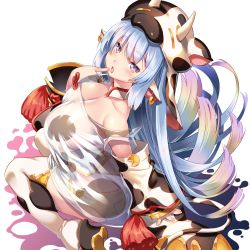Rule 34 | 1girl, animal ears, animal print, bare shoulders, bikini, blue hair, blush, breasts, catura (granblue fantasy), cleavage, cow ears, cow girl, cow hat, cow horns, cow print, cow tail, detached collar, detached sleeves, draph, ear piercing, fake animal ears, granblue fantasy, highres, horns, large breasts, long hair, looking at viewer, open mouth, piercing, pointy ears, purple eyes, see-through, shinozuka atsuto, short shorts, shorts, sitting, swimsuit, tail, thighhighs, thighs, wariza, white bikini, white shorts, white thighhighs, wide sleeves