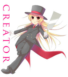 Rule 34 | 1girl, androgynous, blonde hair, character name, creator (saga), english text, gender request, genderswap, hat, japanese saw, long hair, masamune (sky2943), necktie, red eyes, saga, saga 1, saw, simple background, solo, spoilers, top hat, white background