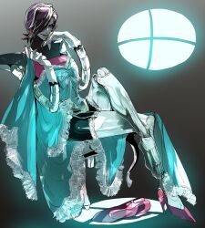 Rule 34 | 1boy, absurdres, android, black hair, black shorts, blue dress, crossed legs, dress, frilled dress, frills, gloves, hair over one eye, hand on own face, high heels, highres, lingerie, looking at viewer, male focus, mettaton, mettaton ex, negligee, red footwear, robot, shoes, shoji sakura, short hair, shorts, single shoe, sitting, smile, solo, undertale, underwear, unworn shoe, unworn shoes, white gloves