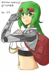 Rule 34 | 1girl, alternate hair length, alternate hairstyle, autumn-north, backpack, bag, crop top, cyborg, gloves, goggles, goggles on head, green eyes, green hair, gumi, long hair, matching hair/eyes, mechanical arms, midriff, navel, single glove, single mechanical arm, smile, solo, upper body, vocaloid