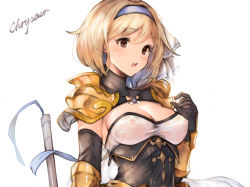 Rule 34 | 1girl, armor, bad id, bad pixiv id, black gloves, blonde hair, bracer, breasts, brown eyes, chrysaor (granblue fantasy), cleavage, covered erect nipples, djeeta (granblue fantasy), elbow gloves, gloves, granblue fantasy, hairband, koretsuki azuma, medium breasts, open mouth, pauldrons, see-through, short hair, shoulder armor, simple background, solo, sweat, teeth, underbust, upper body, upper teeth only, white background