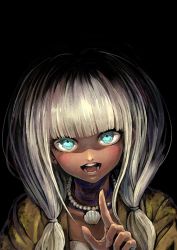 Rule 34 | 1girl, :d, absurdres, bikini, black background, blunt bangs, brown jacket, danganronpa (series), danganronpa v3: killing harmony, green eyes, grey hair, highres, jacket, jewelry, looking at viewer, low twintails, necklace, open clothes, open jacket, open mouth, pointing, pointing at viewer, portrait, shell, shell necklace, simple background, smile, solo, swimsuit, teeth, twintails, yonaga angie, youko-shima