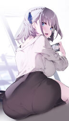 Rule 34 | 1girl, ass, back, blush, breasts, brown skirt, green eyes, grey hair, hololive, large breasts, long sleeves, looking at viewer, looking back, off-shoulder sweater, off shoulder, pantylines, pencil skirt, shirogane noel, shirogane noel (casual), sitting, skirt, smile, solo, sweater, virtual youtuber, white sweater, yaguo