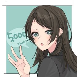 Rule 34 | 1girl, bang dream!, bang dream! it&#039;s mygo!!!!!, black shirt, blue background, blue eyes, border, bright pupils, brown hair, commentary request, earrings, hand up, highres, jewelry, long hair, looking at viewer, looking back, nanami (nunnun 0410), open mouth, shirt, simple background, solo, thank you, upper body, white border, white pupils, yahata umiri