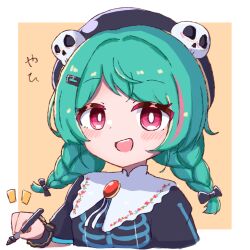 Rule 34 | 1girl, aqua hair, black bow, black hat, blush, border, bow, braid, capelet, commentary request, cropped torso, fang, hair bow, hair ornament, hairclip, hand up, hat, hat ornament, highres, holding, holding stylus, indie virtual youtuber, long hair, looking at viewer, multicolored hair, notice lines, open mouth, outside border, pink hair, red eyes, saeki yahiro, sasugane watashi, simple background, skeleton print, skull hat ornament, solo, streaked hair, stylus, tareme, twin braids, upper body, virtual youtuber, white border, white capelet