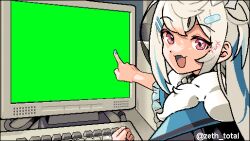 Rule 34 | 1girl, blonde hair, blue hair, blue headband, blue nails, collar, commentary, computer, dithering, dog girl, english commentary, fur-trimmed jacket, fur trim, fuwawa abyssgard, fuwawa abyssgard (1st costume), green screen, hair ornament, headband, hololive, hololive english, index finger raised, jacket, keyboard (computer), long hair, looking at viewer, monitor, multicolored hair, multiple girls, nail polish, open mouth, pc-98 (style), pink eyes, pixel art, pointing, ronin (zeth total), sleeping, smile, streaked hair, twitter username, virtual youtuber, watermark