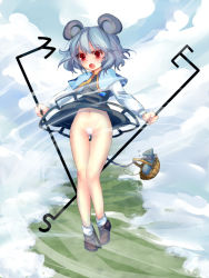 Rule 34 | 1girl, animal ears, basket, blouse, blush, clothes lift, dowsing rod, enone, female focus, floating, full body, grey hair, holding, holding with tail, jewelry, loafers, maebari, mouse (animal), mouse ears, mouse tail, nazrin, necklace, no panties, outdoors, pendant, prehensile tail, red eyes, shirt, shoes, short hair, skirt, skirt lift, socks, solo, surprised, sweatdrop, tail, touhou, white shirt, white socks, wind, wind lift