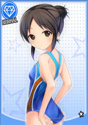 Rule 34 | 1girl, :o, adjusting clothes, adjusting swimsuit, ass, bare arms, bare shoulders, blue one-piece swimsuit, blush, breasts, brown eyes, brown hair, card (medium), card parody, cinderella girls card parody, commentary request, competition swimsuit, forehead, gem (symbol), hair bun, idolmaster, idolmaster cinderella girls, looking at viewer, looking to the side, nannacy7, one-piece swimsuit, parted bangs, parted lips, polka dot, polka dot background, single hair bun, small breasts, solo, star (symbol), swimsuit, tachibana arisu