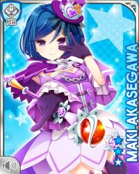 Rule 34 | 1girl, akasegawa maki, blue background, blue hair, bow, cape, card, character name, closed mouth, dress, girlfriend (kari), hat, headband, magical girl, official art, pink bow, pink dress, purple cape, purple eyes, purple headband, purple headwear, qp:flapper, short hair, smile, solo, standing, tagme, top hat
