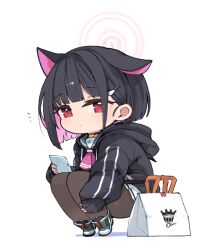 Rule 34 | 1girl, animal ears, black hair, black hoodie, blue archive, cat ears, chibi, colored inner hair, expressionless, extra ears, highres, hood, hoodie, kazusa (blue archive), looking at viewer, mota, multicolored hair, pantyhose, pink hair, red eyes, short hair, simple background, skirt, solo, two-tone hair, white background