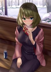 Rule 34 | 1girl, black dress, blue eyes, blush, box, breasts, brown hair, closed mouth, collarbone, dress, gift, gift box, green eyes, heterochromia, highres, idolmaster, idolmaster cinderella girls, jacket, jewelry, large breasts, long sleeves, looking at viewer, mole, mole under eye, necklace, open clothes, open jacket, outdoors, pink jacket, ribbed dress, sengoku aky, short hair, sitting, smile, snow, solo, sweater, sweater dress, swept bangs, takagaki kaede