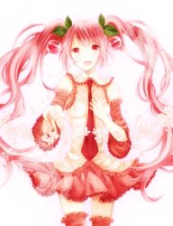 Rule 34 | 1girl, :d, bad id, bad pixiv id, cherry, cherry blossoms, detached sleeves, food, frills, fruit, hand on own chest, hatsune miku, ichioto, long hair, name connection, necktie, object namesake, open mouth, pink eyes, pink hair, sakura miku, skirt, smile, solo, thighhighs, twintails, very long hair, vocaloid