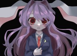 Rule 34 | 1girl, @ @, animal ears, black background, black jacket, blazer, blush, breasts, collared shirt, commentary request, crescent, crescent pin, grey shirt, hair between eyes, hair intakes, haniwa kue, jacket, long hair, long sleeves, looking at viewer, medium bangs, medium breasts, mismatched pupils, necktie, parted lips, purple hair, rabbit ears, rabbit girl, red eyes, red necktie, reisen udongein inaba, shirt, simple background, solo, sweat, touhou, upper body, very long hair