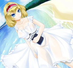 Rule 34 | 1girl, alice margatroid, beach, blonde hair, blue eyes, book, breasts, collarbone, covered erect nipples, dress, large breasts, marl35, nipples, see-through, solo, touhou, white dress