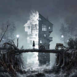 Rule 34 | 1girl, bridge, building, fog, forest, highres, house, limfoman, limited palette, nature, original, scenery, surreal, wagon, watermark