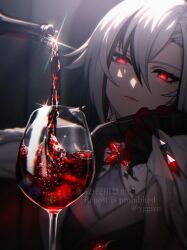 Rule 34 | 1girl, alcohol, arlecchino (genshin impact), black eyes, black hair, black shirt, coat, cup, drinking glass, english text, genshin impact, hair between eyes, head rest, highres, multicolored hair, portrait, pouring, red lips, red pupils, red wine, serious, shaded face, shirt, solo, streaked hair, symbol-shaped pupils, twitter username, white coat, white hair, wine, wine glass, x-shaped pupils, yggizn