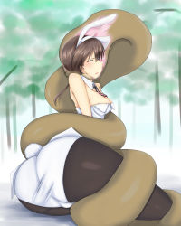 Rule 34 | 1girl, ass, blush, breasts, brown hair, playboy bunny, coiled, closed eyes, gertrud barkhorn, highres, isosceles triangle (xyzxyzxyz), large breasts, pantyhose, snake, strike witches, vore, world witches series