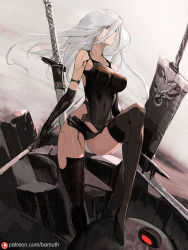 Rule 34 | 1girl, bamuth, bare shoulders, black gloves, black thighhighs, blue eyes, breasts, covered navel, elbow gloves, gloves, hair between eyes, high heels, holding, holding sword, holding weapon, long hair, nier (series), nier:automata, silver hair, solo, sword, thighhighs, weapon, a2 (nier:automata)