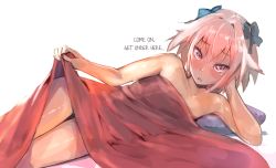 Rule 34 | 1boy, arm support, astolfo (fate), black bow, blue bow, bow, fate/apocrypha, fate (series), hair bow, hard-translated, head rest, lifting own clothes, lifting covers, long hair, looking at viewer, lying, male focus, multicolored hair, nude, on side, p answer, pillow, pink hair, purple eyes, shiny skin, simple background, solo, streaked hair, tan, thighs, third-party edit, translated, trap, under covers, white background, white hair
