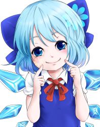 Rule 34 | 1girl, blue eyes, blue hair, bow, cirno, dress, face, finger to face, fingersmile, flower, hair bow, hayase kento, looking at viewer, matching hair/eyes, ribbon, short hair, short sleeves, simple background, smile, solo, touhou, white background, wings