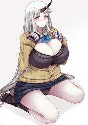 Rule 34 | 10s, 1girl, abyssal ship, alternate costume, black bra, black panties, black socks, blue skirt, blush, bra, breasts, cardigan, claws, cleavage, commentary request, embarrassed, full body, hands on own chest, highres, horns, huge breasts, kantai collection, long hair, long sleeves, looking at viewer, open clothes, open shirt, pale skin, panties, pantyshot, red eyes, seaport princess, shiny skin, shirt, shoes, silver hair, simple background, single horn, skirt, socks, solo, underwear, very long hair, yuzumiya mono
