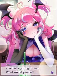 Rule 34 | 1girl, ahoge, asymmetrical gloves, bell, black gloves, black wings, blush, bodice, breasts, camila (vtuber), cleavage, cleavage cutout, clothing cutout, diamond facial mark, drink, drinking straw, elbow gloves, elbows on table, english text, facial mark, gloves, hands on own cheeks, hands on own face, head wings, heart, heart ahoge, heart facial mark, highres, indie virtual youtuber, long hair, medium breasts, mismatched gloves, multicolored hair, neck bell, pink hair, pointy ears, pom pom (clothes), purple eyes, solo, streaked hair, striped, table, two side up, vertical stripes, virtual youtuber, white gloves, white hair, window, wings, yuarima2