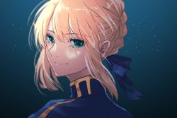 Rule 34 | 1girl, artoria pendragon (all), artoria pendragon (fate), blonde hair, blue ribbon, braid, crown braid, dress, fate/stay night, fate (series), french braid, from behind, gradient background, green background, green eyes, looking at viewer, looking back, ribbon, roku (ntbr fate), saber (fate), smile, solo, upper body