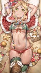 Rule 34 | 10s, 1girl, puff of air, absurdres, arms up, bell, bikini, blonde hair, blush, boots, box, braid, breasts, candy, candy cane, capelet, caplet, christmas, christmas ornaments, cleavage, crown braid, food, free style (yohan1754), hair ornament, hat, highres, knee boots, large breasts, looking at viewer, love live!, love live! sunshine!!, lying, mini hat, mini top hat, navel, ohara mari, on back, pillow, ribbon, shiny skin, short hair, smile, solo, star (symbol), stuffed animal, stuffed toy, suspenders, swimsuit, teddy bear, thigh gap, thighhighs, top hat, underboob, x hair ornament, yellow eyes