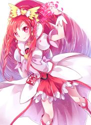 Rule 34 | 1girl, anthiea, bad id, bad pixiv id, boots, bow, brooch, cure ace, dokidoki! precure, dress, earrings, hair bow, heart, heart brooch, highres, jewelry, knee boots, lipstick, long hair, madoka aguri, makeup, petals, precure, red eyes, red hair, red lips, red skirt, skirt, smile, solo, very long hair, wrist cuffs