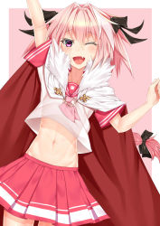 Rule 34 | 1boy, absurdres, astolfo (fate), astolfo (sailor paladin) (fate), black bow, bow, braid, cape, crossdressing, fang, fate/apocrypha, fate/grand order, fate (series), hair intakes, hair ribbon, highres, male focus, multicolored hair, official alternate costume, one eye closed, open mouth, pink hair, purple eyes, red sailor collar, red skirt, ribbon, sailor collar, single braid, skirt, streaked hair, trap, watosu (watosu mama)