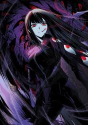 Rule 34 | black hair, black jacket, black pants, breasts, cape, cigarette, closed mouth, e.g.o (project moon), extra eyes, gapamopa, highres, jacket, large breasts, limbus company, long hair, long sleeves, looking at viewer, pants, project moon, purple cape, red eyes, ryoshu (project moon), very long hair
