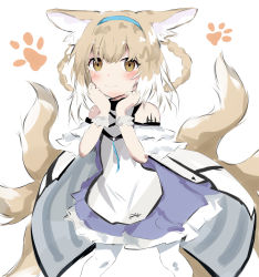 Rule 34 | 1girl, animal ear fluff, animal ears, arknights, bare shoulders, blue dress, blue hairband, blush, braided hair rings, brown eyes, brown hair, closed mouth, dress, frilled dress, frills, hair between eyes, hairband, hands up, highres, material growth, multicolored hair, multiple tails, oripathy lesion (arknights), pantyhose, raifu (rf), simple background, smile, solo, standing, suzuran (arknights), tail, two-tone hair, white background, white hair, white pantyhose