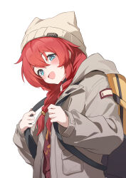 Rule 34 | 1girl, :d, absurdres, animal ear headwear, animal ears, backpack, bag, beanie, blue archive, blue eyes, blush, braid, brown shirt, fake animal ears, grey hat, grey jacket, hair between eyes, hands up, happy, hat, highres, hishiki (pixi14719710), hood, hood down, hooded jacket, jacket, long hair, long sleeves, looking at viewer, maki (blue archive), maki (camp) (blue archive), official alternate costume, official alternate hairstyle, open clothes, open jacket, open mouth, red hair, red sweater, shirt, simple background, smile, solo, sweater, twin braids, twintails, upper body, white background, winter clothes