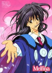 Rule 34 | 1990s (style), 1girl, artbook, black hair, brown eyes, character name, highres, melfina, melfina (outlaw star), necktie, outlaw star, retro artstyle, scan, smile, solo