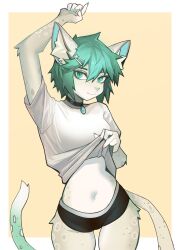 Rule 34 | 1girl, :3, animal ear fluff, animal ears, animal nose, arm up, black collar, body fur, border, breasts, clothes lift, collar, commission, cowboy shot, distr, ear piercing, furry, furry female, green eyes, green hair, green nails, hair between eyes, hair ornament, hairclip, highres, leopard ears, leopard girl, leopard tail, lifting own clothes, looking at viewer, micro shorts, navel, original, outside border, piercing, second-party source, shirt, shirt lift, short hair, shorts, simple background, small breasts, snout, snow leopard, solo, star (symbol), star hair ornament, t-shirt, tail, thigh gap, thighs, white border, white fur, white shirt, yellow background