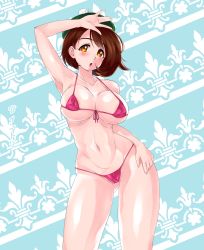 Rule 34 | 1girl, absurdres, beret, bikini, blush, breasts, brown eyes, brown hair, cleavage, creatures (company), eyebrows, game freak, gloria (pokemon), hat, highres, large breasts, looking at viewer, matching hair/eyes, navel, nintendo, open mouth, pokemon, pokemon swsh, short hair, solo, standing, stomach, swimsuit, vintoriart
