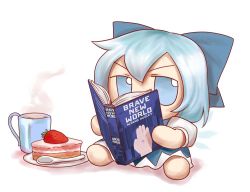 Rule 34 | 1girl, blue dress, blue eyes, blue hair, book, bow, brave new world, cake, cirno, coffee, commentary, cup, dress, english commentary, food, fruit, fumo (doll), hair bow, ice, ice wings, mug, plate, puffy sleeves, reading, sitting, skullchimes, solo, spoon, strawberry, touhou, wings