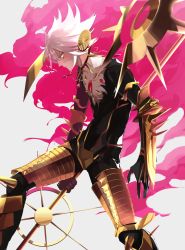 Rule 34 | 1boy, armor, bishounen, blue eyes, cape, chest jewel, commentary request, en (enxxx), fate/apocrypha, fate (series), from side, karna (fate), looking at viewer, looking to the side, male focus, pale skin, shin guards, solo, standing, tagme, white hair
