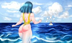 Rule 34 | 1boy, 1girl, artist request, ass, back, bald, bare arms, bare shoulders, blue sky, breasts, cowboy shot, curvy, derivative work, diving mask, dragon ball, dragonball z, from behind, goggles, highleg, highleg swimsuit, highres, huge ass, kuririn, large breasts, looking at another, maron (dragon ball), maron redraw challenge (meme), matching hair/eyes, meme, ocean, one-piece swimsuit, running, screenshot redraw, shiny skin, skindentation, sky, swimsuit, thick thighs, thighs, water, wide hips, yellow one-piece swimsuit