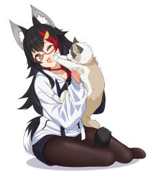 Rule 34 | 1girl, :d, absurdres, animal, animal ear fluff, animal ears, asanaya, black collar, black hair, black shorts, brown eyes, brown pantyhose, cat, collar, collarbone, commentary request, drawstring, full body, glasses, hair between eyes, hair ornament, highres, holding, holding animal, hololive, hood, hood down, hoodie, long hair, multicolored hair, no shoes, one eye closed, ookami mio, ookami mio (casual), open mouth, pantyhose, pantyhose under shorts, red-framed eyewear, red hair, semi-rimless eyewear, shadow, short shorts, shorts, smile, solo, streaked hair, tail, tail wrap, trembling, under-rim eyewear, very long hair, virtual youtuber, white background, white hoodie, wolf ears, wolf girl, wolf tail