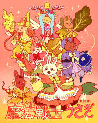 Rule 34 | 6+girls, artist name, blush, bow, braid, buck teeth, carrot, commentary, dress, english commentary, flower wreath, food, frills, fruit, furry, high collar, holding, holding wand, lettuce, magical girl, multiple girls, nadia kim, open mouth, original, pink background, purple dress, rabbit, red bow, red dress, ribbon, smile, strawberry, sun, teeth, twin braids, wand, yellow bow, yellow dress, yellow ribbon