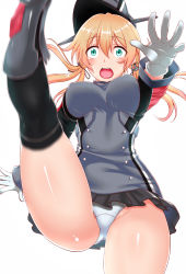 Rule 34 | 10s, 1girl, anchor hair ornament, aqua eyes, black ribbon, black skirt, blonde hair, blush, breasts, covered erect nipples, curvy, falling, gloves, hair ornament, hair ribbon, hat, highres, kantai collection, large breasts, leg up, long hair, long sleeves, microskirt, military, military uniform, mizuse kouichi, motion blur, open mouth, panties, pantyshot, peaked cap, pleated skirt, prinz eugen (kancolle), ribbon, simple background, skirt, solo, thighhighs, twintails, underwear, uniform, white background, white gloves, white panties, wide-eyed, wide hips