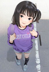 Rule 34 | 1girl, backpack, bag, black eyes, black hair, black socks, blue ribbon, clothes writing, collarbone, commentary, drain (object), eyebrows hidden by hair, flat chest, from above, full body, grey shorts, hair ribbon, holding strap, kneehighs, light blush, long sleeves, looking at viewer, looking up, mattaku mousuke, medium hair, naughty face, open mouth, original, outdoors, purple shirt, randoseru, ribbon, road, shadow, shirt, shoes, shorts, side ponytail, socks, solo, twitter username