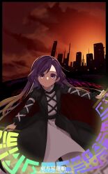 Rule 34 | 1girl, black dress, brown hair, building, closed mouth, dress, gradient hair, highres, hijiri byakuren, holding, holding scroll, keiki8296, layered dress, long hair, long sleeves, looking at viewer, multicolored hair, purple hair, scroll, smile, solo, sorcerer&#039;s sutra scroll, touhou, undefined fantastic object, white dress, yellow eyes