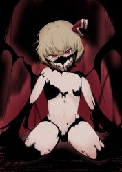 Rule 34 | 1girl, blonde hair, completely nude, convenient censoring, covered face, darkness, embodiment of scarlet devil, flat chest, garasuno, hair ribbon, highres, kneeling, looking at viewer, navel, nude, outstretched arms, red eyes, red ribbon, ribbon, rumia, shadow, short hair, solo, spread arms, thighs, touhou