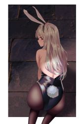 Rule 34 | 1girl, absurdres, all fours, animal ears, ass, backless outfit, bare arms, black hairband, black leotard, black pantyhose, border, fake animal ears, fake tail, from above, grey hair, hairband, highres, leotard, long hair, looking at viewer, looking back, mr-shin, original, outside border, pantyhose, playboy bunny, rabbit ears, rabbit tail, red eyes, solo, stone floor, tail, very long hair, white border