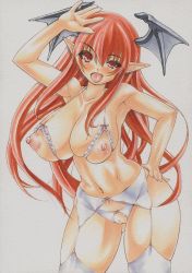 Rule 34 | 1girl, arm up, armpits, bare shoulders, blush, bra, breasts, collarbone, crotchless, crotchless panties, cupless bra, curvy, female focus, fingernails, frills, garter belt, garter straps, hand on own hip, head wings, koakuma, large breasts, long hair, looking at viewer, navel, nippleless clothes, nipples, open mouth, panties, pointy ears, puffy nipples, pussy, red eyes, red hair, simple background, skindentation, smile, solo, standing, thick thighs, thighhighs, thighs, tongue, touhou, traditional media, uncensored, underwear, underwear only, white background, wings, yutakasan-love