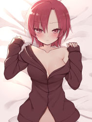 Rule 34 | 1girl, :&lt;, arms up, bare shoulders, bazett fraga mcremitz, bed, bed sheet, blush, breasts, closed mouth, eyes visible through hair, fate/kaleid liner prisma illya, fate (series), highres, kamu (geeenius), large breasts, long sleeves, looking at viewer, lying, on back, on bed, red eyes, red hair, short hair, sidelocks, solo